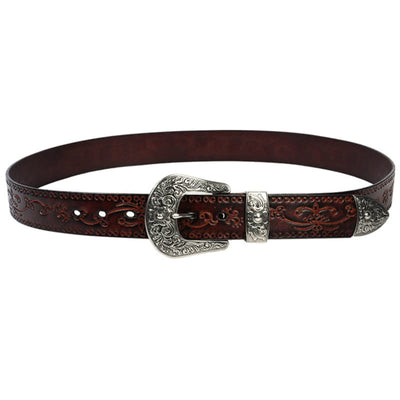 Silver Buckle Buckle Western Embossed Leather Belt