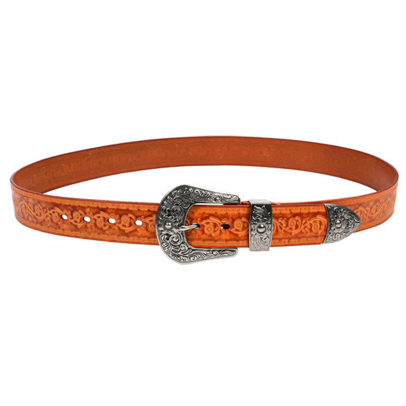 Silver Buckle Buckle Western Embossed Leather Belt