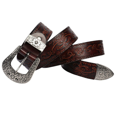 Silver Buckle Buckle Western Embossed Leather Belt