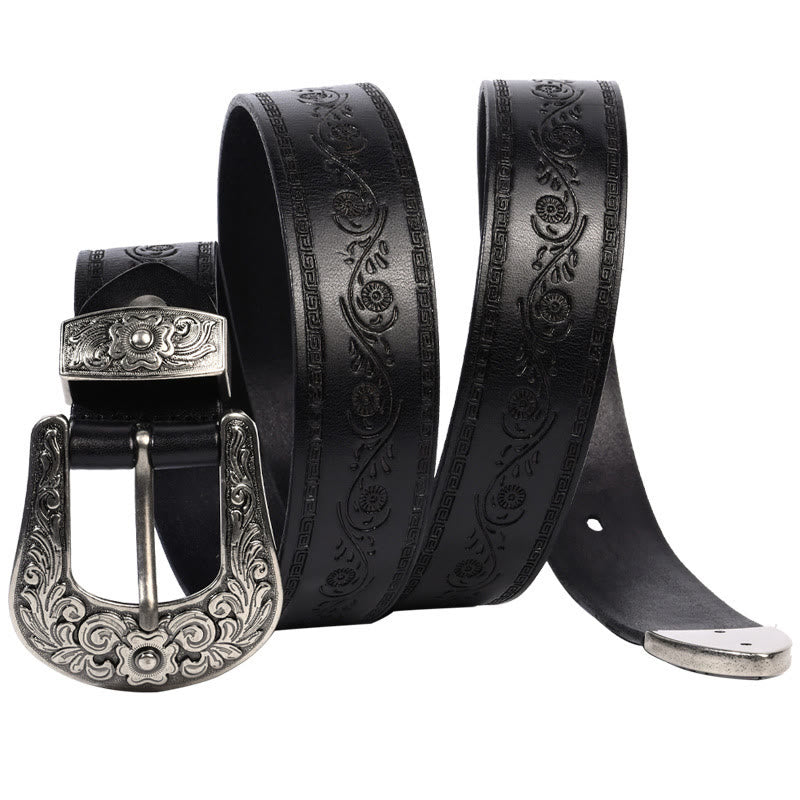 Silver Buckle Buckle Western Embossed Leather Belt