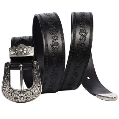 Silver Buckle Buckle Western Embossed Leather Belt