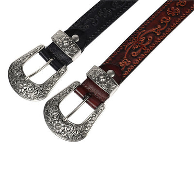 Silver Buckle Buckle Western Embossed Leather Belt