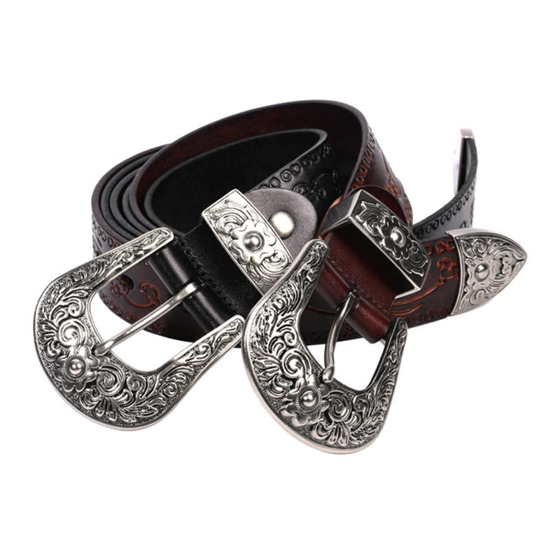 Silver Buckle Buckle Western Embossed Leather Belt