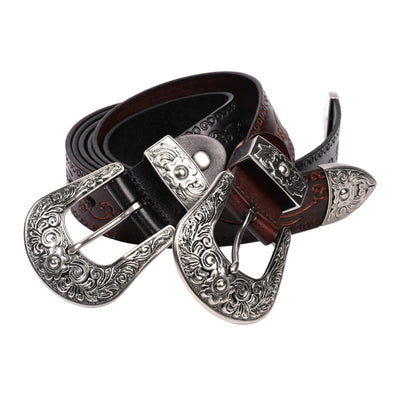 Silver Buckle Buckle Western Embossed Leather Belt