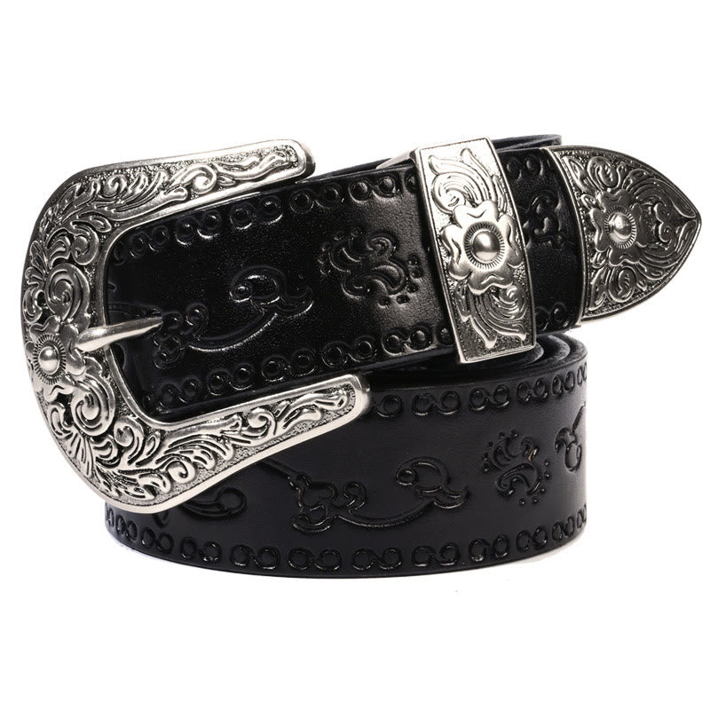 Silver Buckle Buckle Western Embossed Leather Belt
