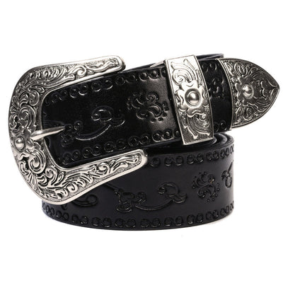Silver Buckle Buckle Western Embossed Leather Belt