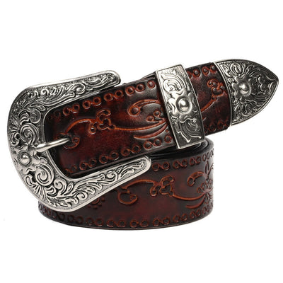 Silver Buckle Buckle Western Embossed Leather Belt
