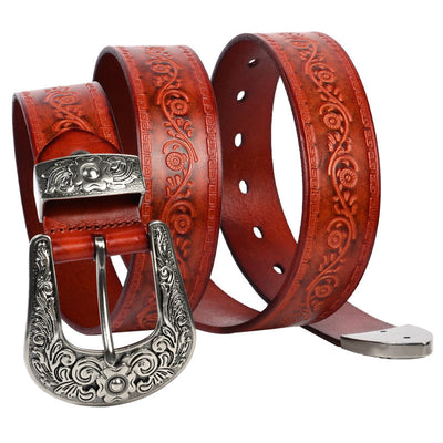 Silver Buckle Buckle Western Embossed Leather Belt