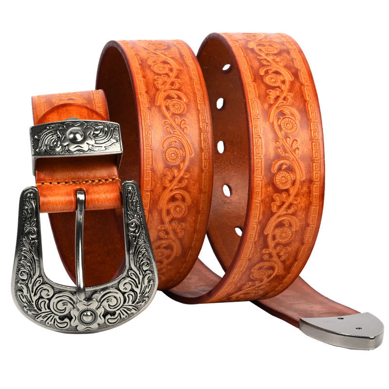 Silver Buckle Buckle Western Embossed Leather Belt