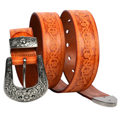 Silver Buckle Buckle Western Embossed Leather Belt