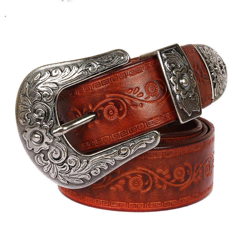 Silver Buckle Buckle Western Embossed Leather Belt