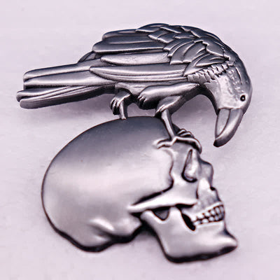 Gothic Antique Silver Embossed Raven Skull Brooch