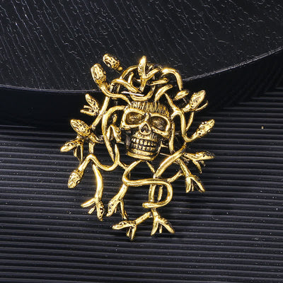 Exaggerated Snake Wrapped Skull Head Skull Brooch
