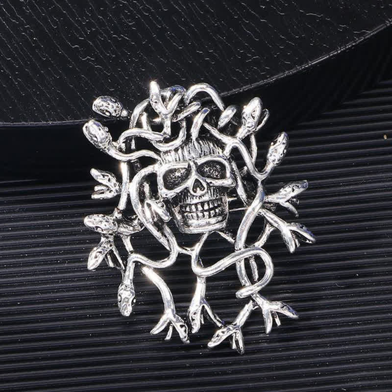 Exaggerated Snake Wrapped Skull Head Skull Brooch