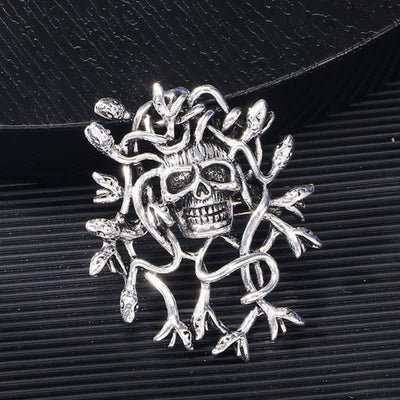 Exaggerated Snake Wrapped Skull Head Skull Brooch