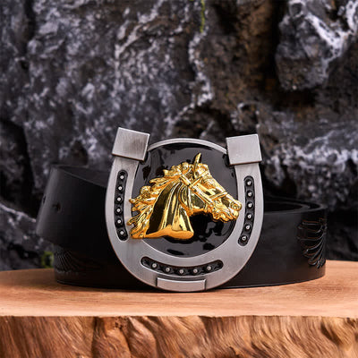 Gold & Black DIY Horseshoe Shape Buckle Leather Belt