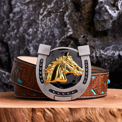 Gold & Black DIY Horseshoe Shape Buckle Leather Belt