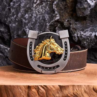 Gold & Black DIY Horseshoe Shape Buckle Leather Belt