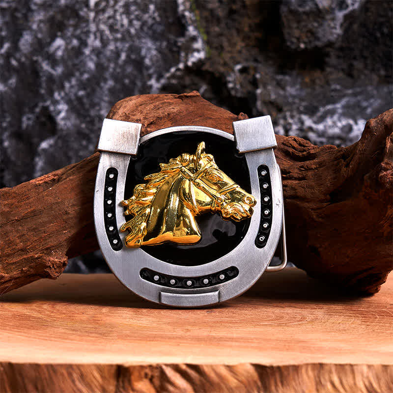Gold & Black DIY Horseshoe Shape Buckle Leather Belt