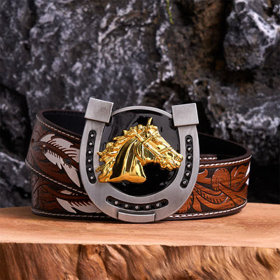 Gold & Black DIY Horseshoe Shape Buckle Leather Belt