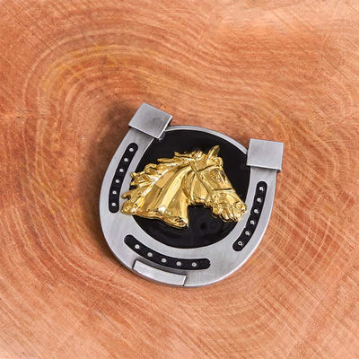 Gold & Black DIY Horseshoe Shape Buckle Leather Belt