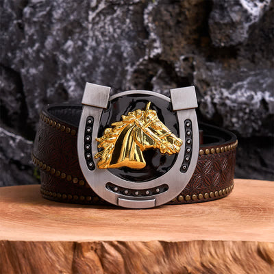 Gold & Black DIY Horseshoe Shape Buckle Leather Belt