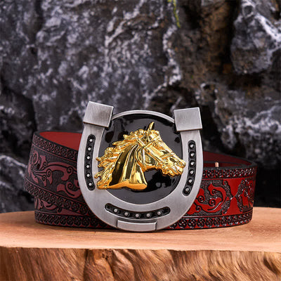Gold & Black DIY Horseshoe Shape Buckle Leather Belt