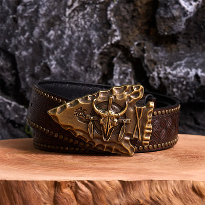 Bronze Triangle DIY Arrowhead Shaped Bull Buckle Leather Belt