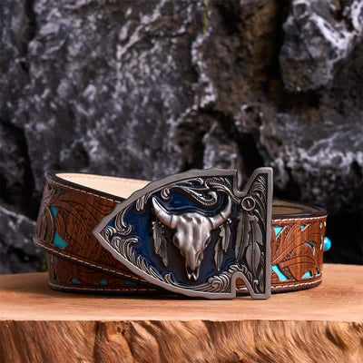 Navy Enamel DIY Arrowhead Shaped Bull Buckle Leather Belt
