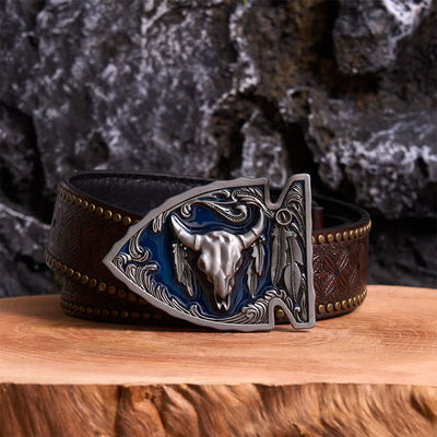 Navy Enamel DIY Arrowhead Shaped Bull Buckle Leather Belt