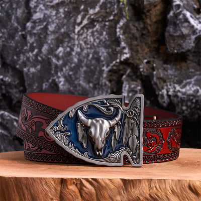 Navy Enamel DIY Arrowhead Shaped Bull Buckle Leather Belt