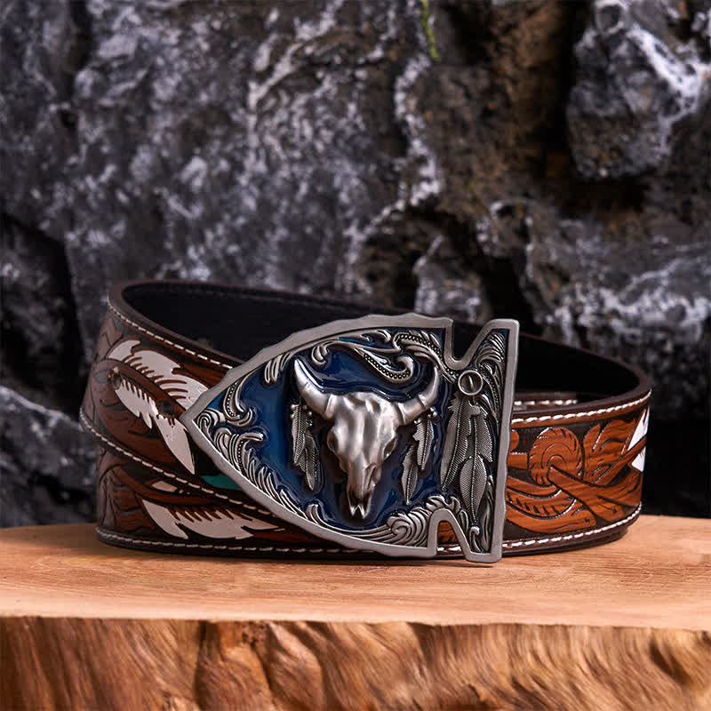 Navy Enamel DIY Arrowhead Shaped Bull Buckle Leather Belt