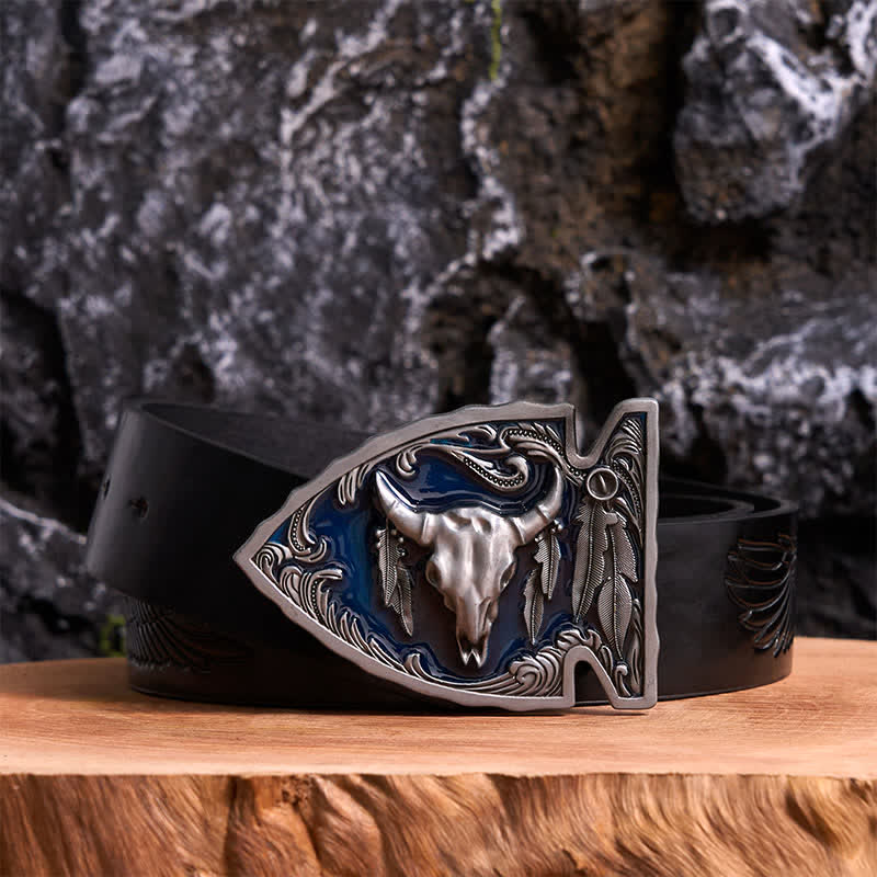 Navy Enamel DIY Arrowhead Shaped Bull Buckle Leather Belt