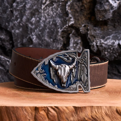 Navy Enamel DIY Arrowhead Shaped Bull Buckle Leather Belt