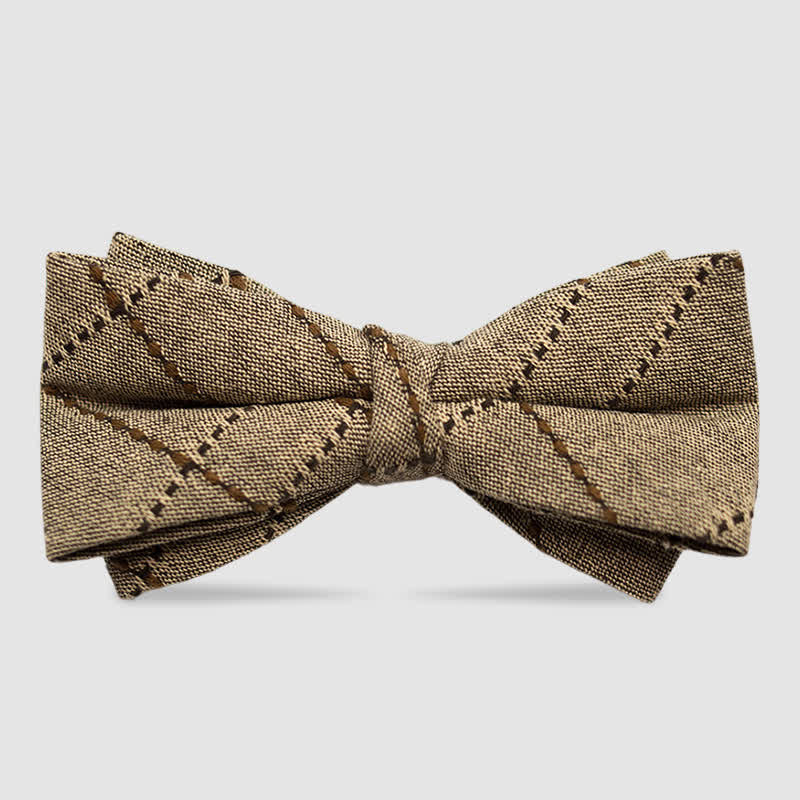 Men's British Style Checked Striped Coffee Cotton Bow Tie