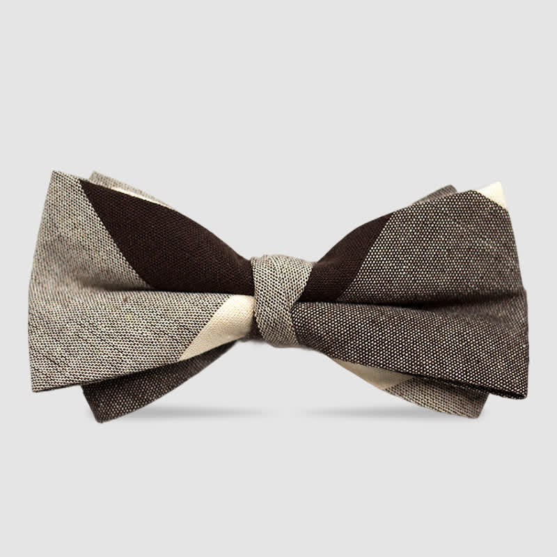 Men's British Style Checked Striped Coffee Cotton Bow Tie