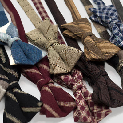 Men's British Style Checked Striped Coffee Cotton Bow Tie