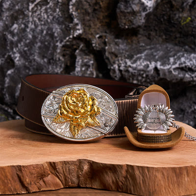 Gold & Silver DIY Rose Hidden Knife Belt Buckle Sunflower Necklace Bundle Set