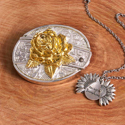 Gold & Silver DIY Rose Hidden Knife Belt Buckle Sunflower Necklace Bundle Set