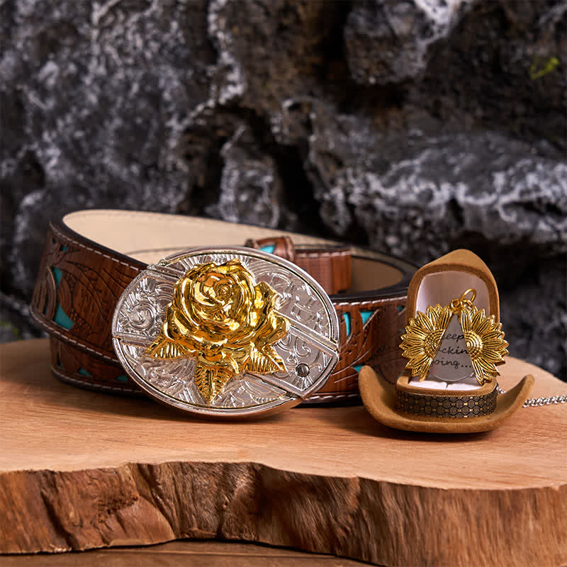 Gold & Silver DIY Rose Hidden Knife Belt Buckle Sunflower Necklace Bundle Set