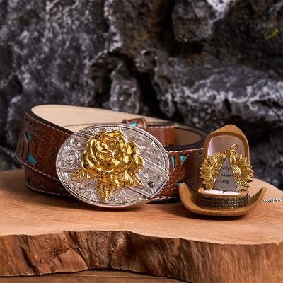 Gold & Silver DIY Rose Hidden Knife Belt Buckle Sunflower Necklace Bundle Set