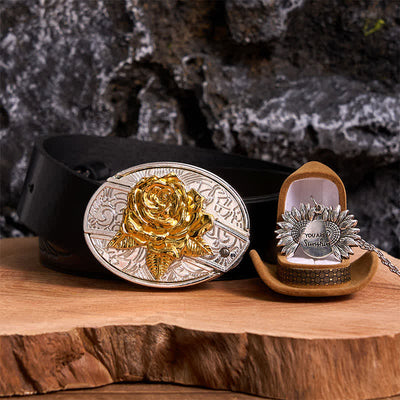 Gold & Silver DIY Rose Hidden Knife Belt Buckle Sunflower Necklace Bundle Set