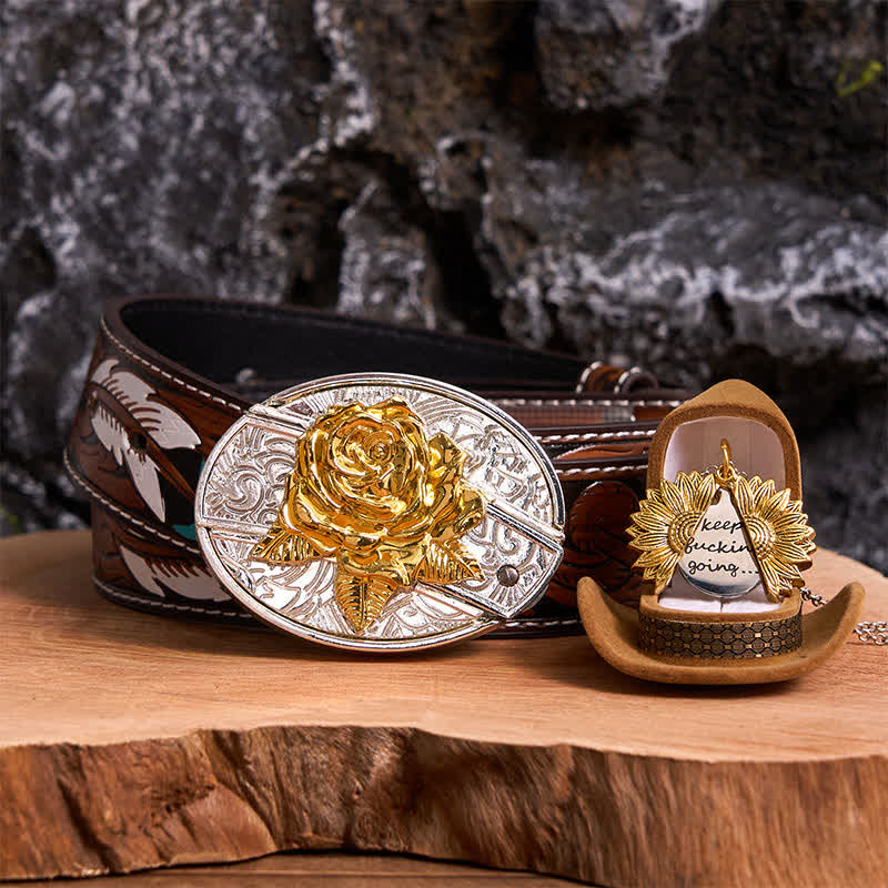 Gold & Silver DIY Rose Hidden Knife Belt Buckle Sunflower Necklace Bundle Set