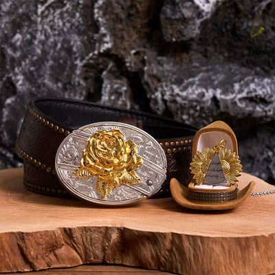 Gold & Silver DIY Rose Hidden Knife Belt Buckle Sunflower Necklace Bundle Set