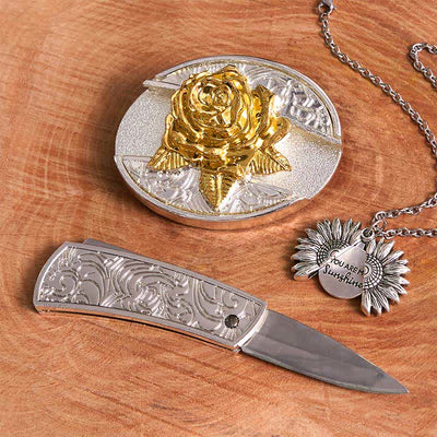 Gold & Silver DIY Rose Hidden Knife Belt Buckle Sunflower Necklace Bundle Set