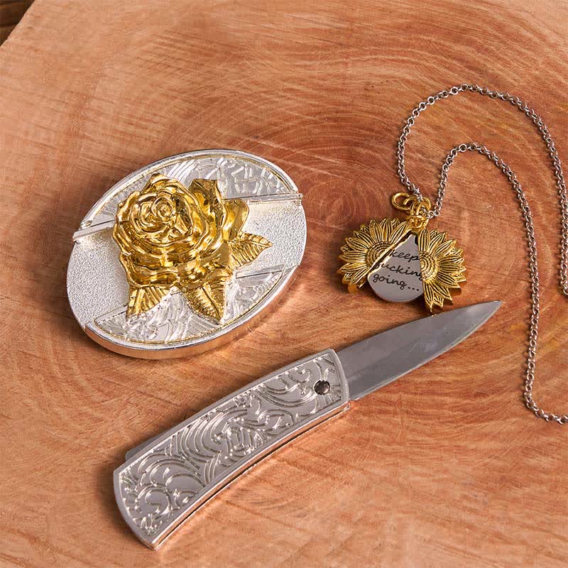 Gold & Silver DIY Rose Hidden Knife Belt Buckle Sunflower Necklace Bundle Set