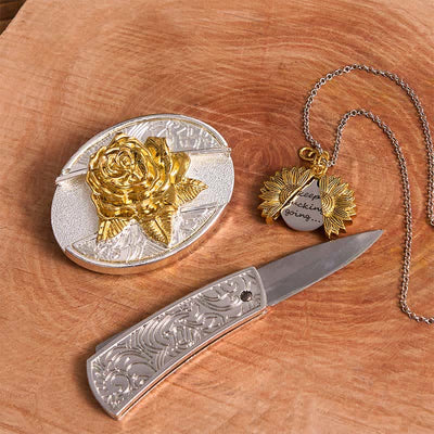 Gold & Silver DIY Rose Hidden Knife Belt Buckle Sunflower Necklace Bundle Set