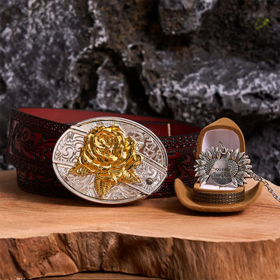 Gold & Silver DIY Rose Hidden Knife Belt Buckle Sunflower Necklace Bundle Set