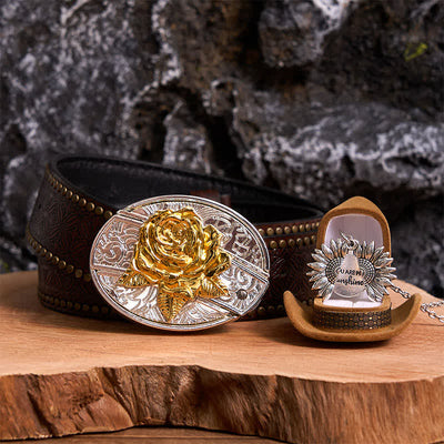 Gold & Silver DIY Rose Hidden Knife Belt Buckle Sunflower Necklace Bundle Set
