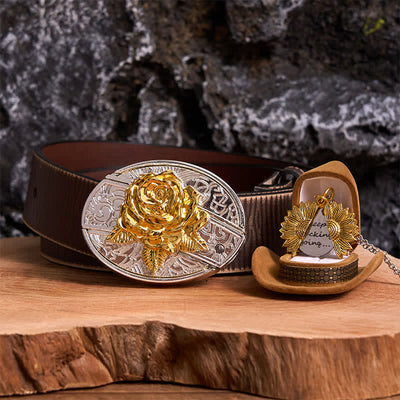 Gold & Silver DIY Rose Hidden Knife Belt Buckle Sunflower Necklace Bundle Set
